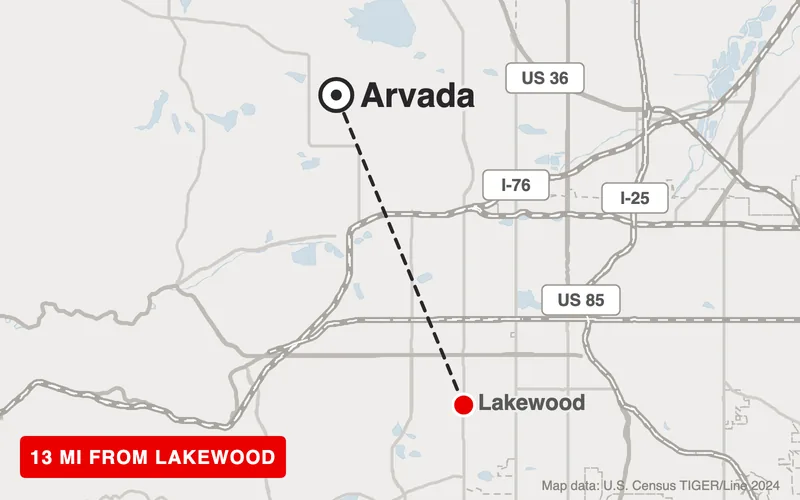 Map from Lakewood to Arvada, Colorado, 13 road miles