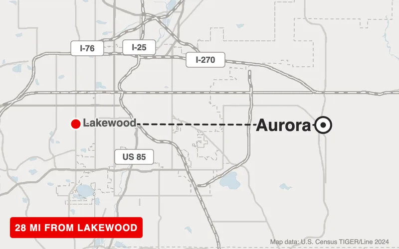Map from Lakewood to Aurora, Colorado, 28 road miles