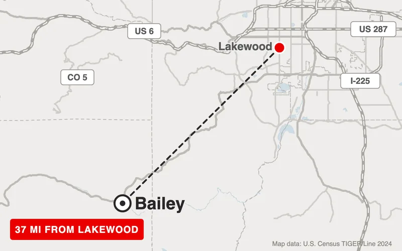 Map from Lakewood to Bailey, Colorado, 37 road miles