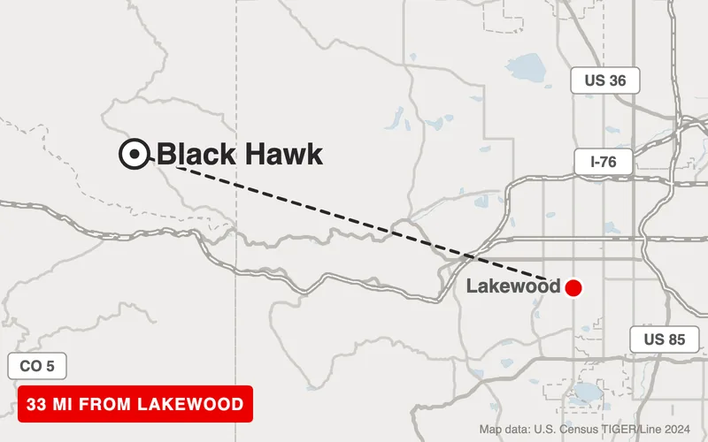 Map from Lakewood to Black Hawk, Colorado, 33 road miles