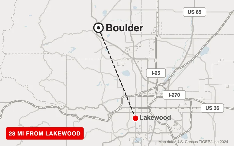 Map from Lakewood to Boulder, Colorado, 28 road miles