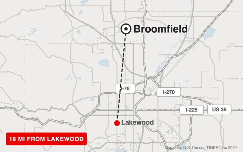 Map from Lakewood to Broomfield, Colorado, 18 road miles