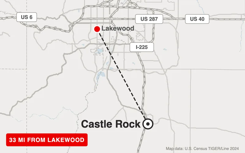 Map from Lakewood to Castle Rock, Colorado, 33 road miles
