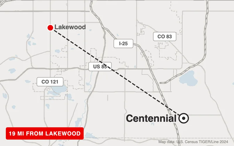 Map from Lakewood to Centennial, Colorado, 19 road miles