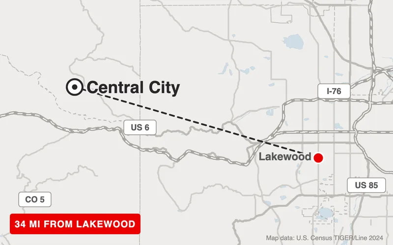 Map from Lakewood to Central City, Colorado, 34 road miles