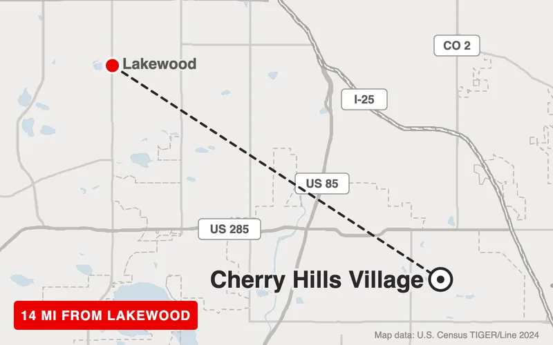 Map from Lakewood to Cherry Hills Village, Colorado, 14 road miles