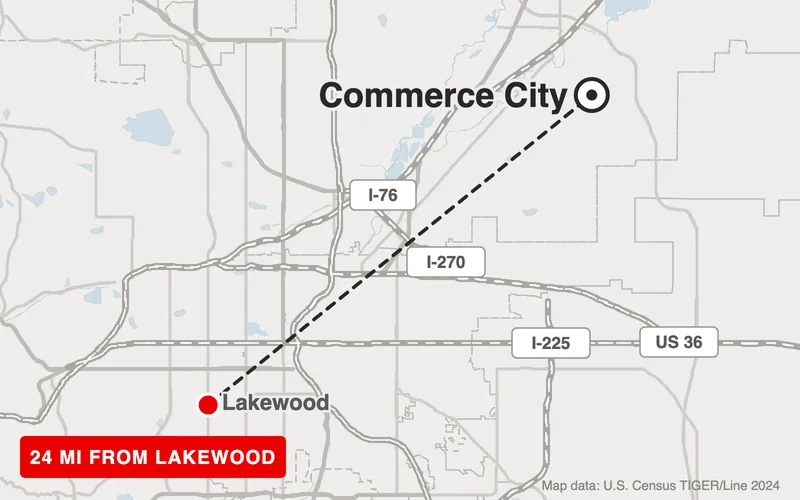 Map from Lakewood to Commerce City, Colorado, 24 road miles