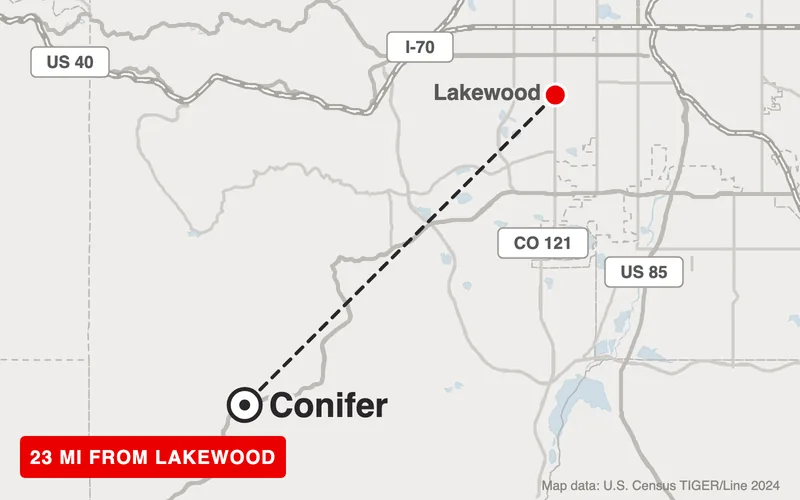 Map from Lakewood to Conifer, Colorado, 23 road miles