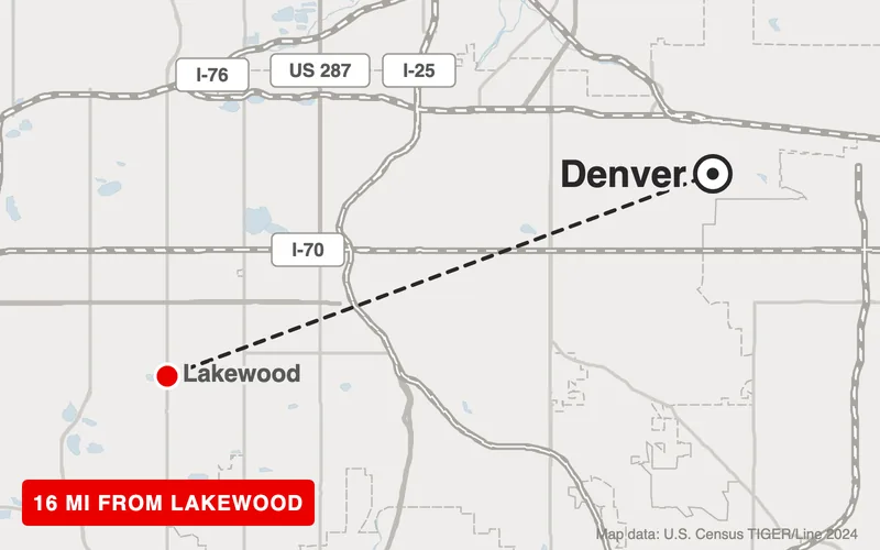 Map from Lakewood to Denver, Colorado, 16 road miles