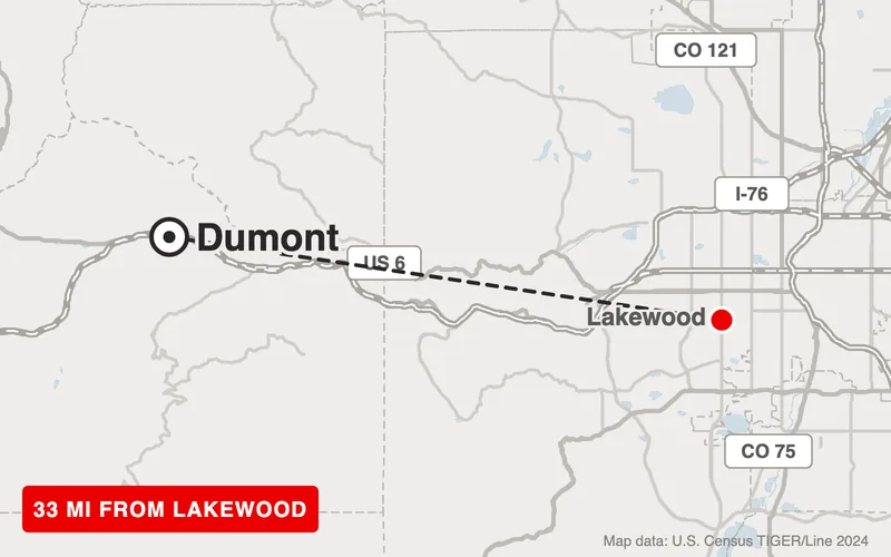 Map from Lakewood to Dumont, Colorado, 33 road miles