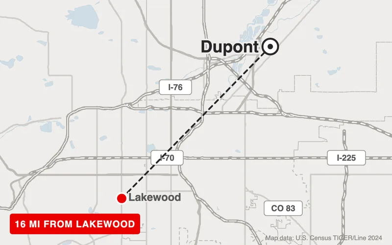 Map from Lakewood to Dupont, Colorado, 16 road miles