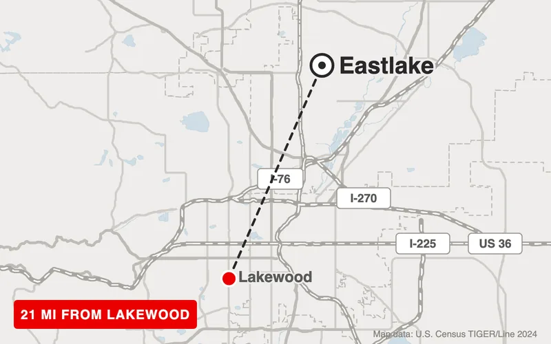 Map from Lakewood to Eastlake, Colorado, 21 road miles