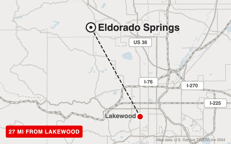Map from Lakewood to Eldorado Springs, Colorado, 27 road miles