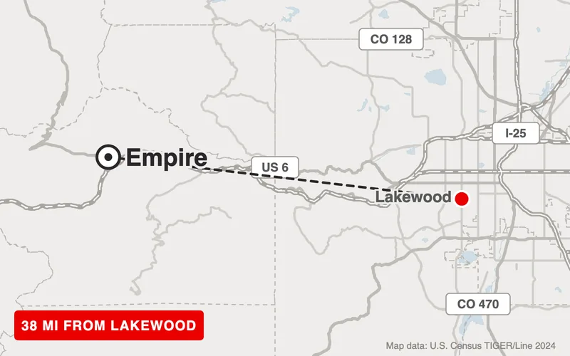 Map from Lakewood to Empire, Colorado, 38 road miles