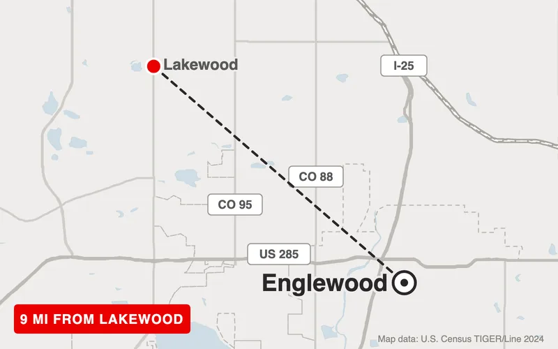 Map from Lakewood to Englewood, Colorado, 9 road miles