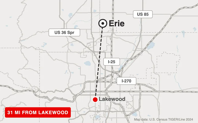 Map from Lakewood to Erie, Colorado, 31 road miles