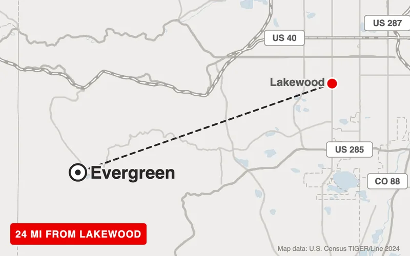 Map from Lakewood to Evergreen, Colorado, 24 road miles