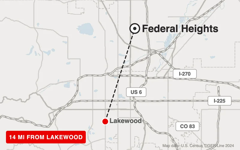 Map from Lakewood to Federal Heights, Colorado, 14 road miles