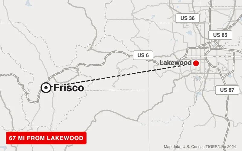 Map from Lakewood to Frisco, Colorado, 67 road miles