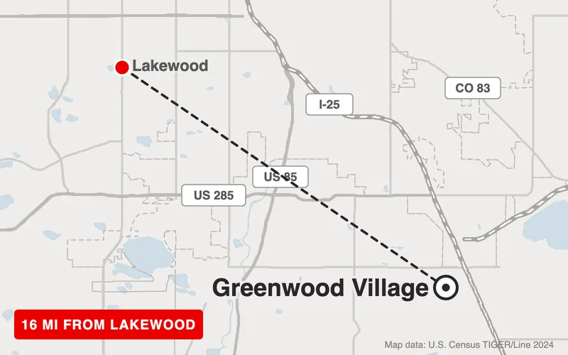 Map from Lakewood to Greenwood Village, Colorado, 16 road miles