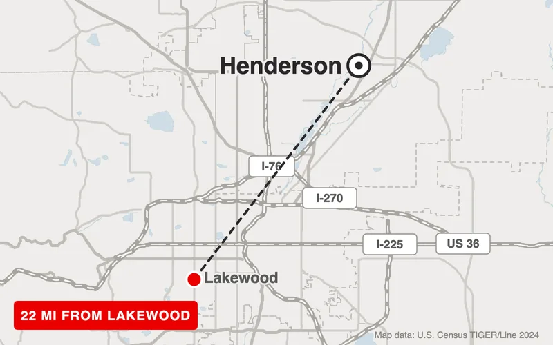 Map from Lakewood to Henderson, Colorado, 22 road miles