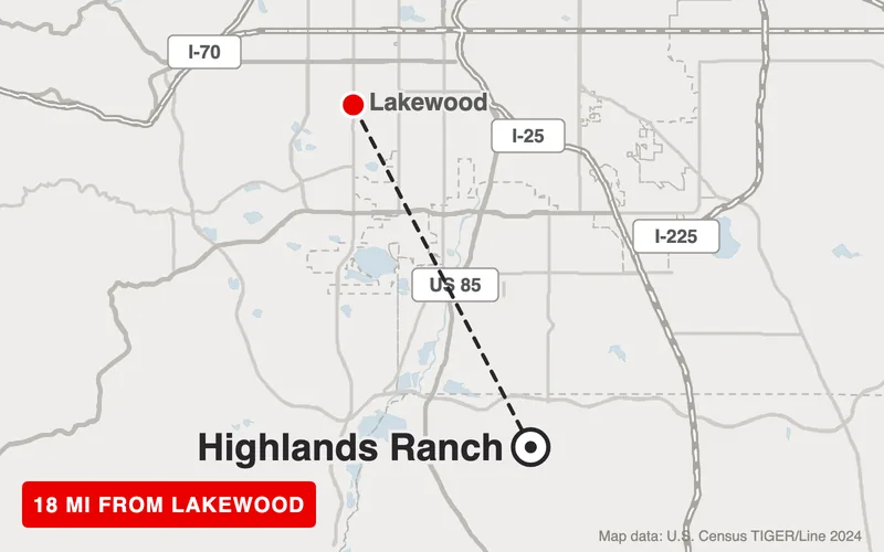 Map from Lakewood to Highlands Ranch, Colorado, 18 road miles