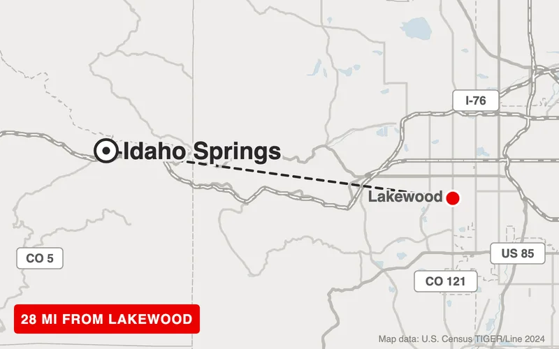 Map from Lakewood to Idaho Springs, Colorado, 28 road miles