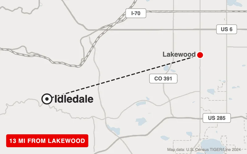 Map from Lakewood to Idledale, Colorado, 13 road miles