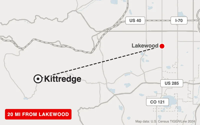 Map from Lakewood to Kittredge, Colorado, 20 road miles