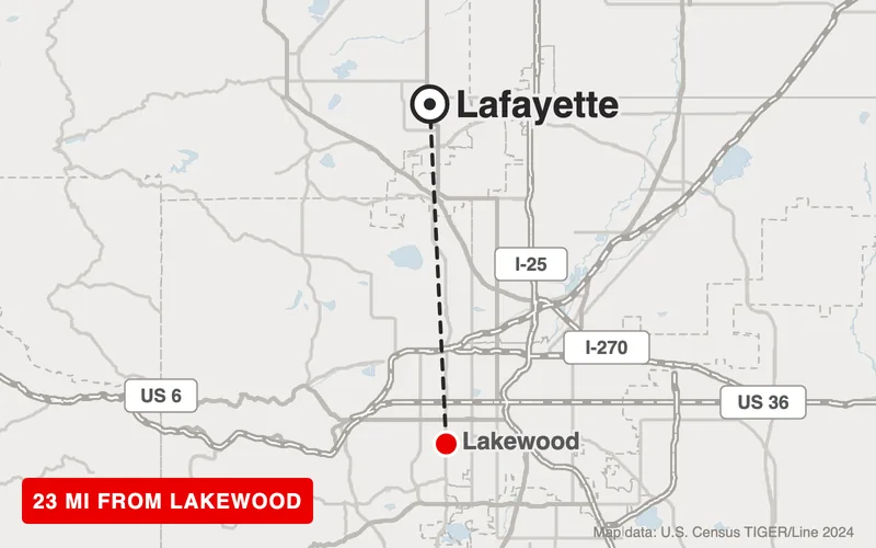 Map from Lakewood to Lafayette, Colorado, 23 road miles