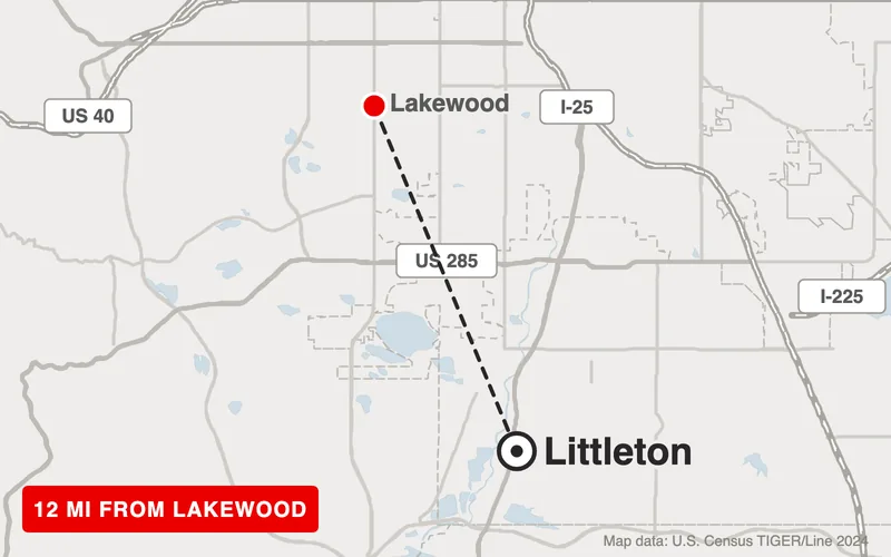 Map from Lakewood to Littleton, Colorado, 12 road miles