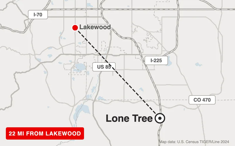 Map from Lakewood to Lone Tree, Colorado, 22 road miles