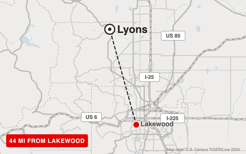 Map from Lakewood to Lyons, Colorado, 44 road miles