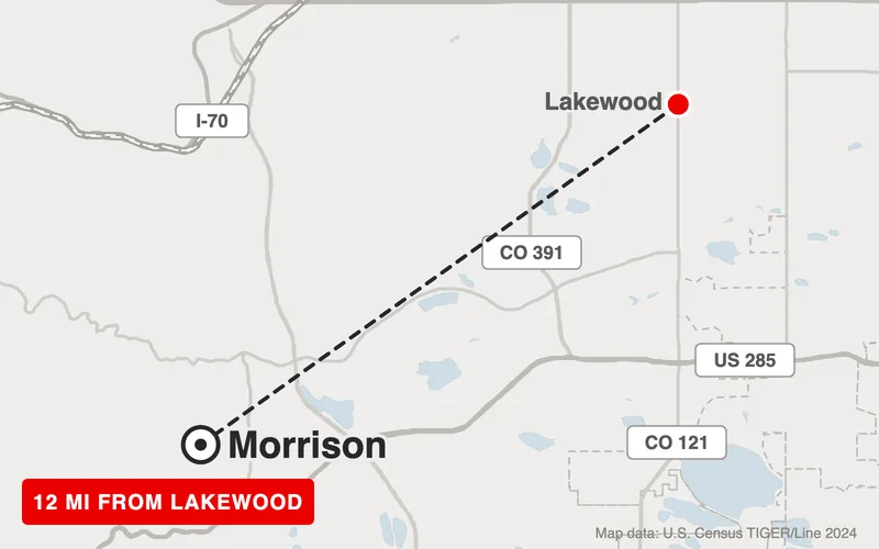 Map from Lakewood to Morrison, Colorado, 12 road miles