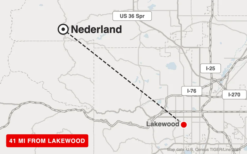 Map from Lakewood to Nederland, Colorado, 41 road miles
