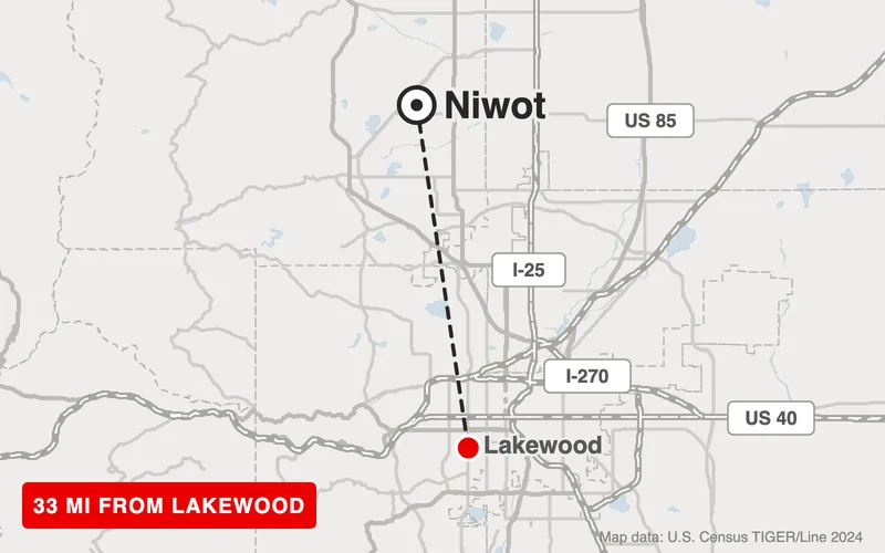 Map from Lakewood to Niwot, Colorado, 33 road miles
