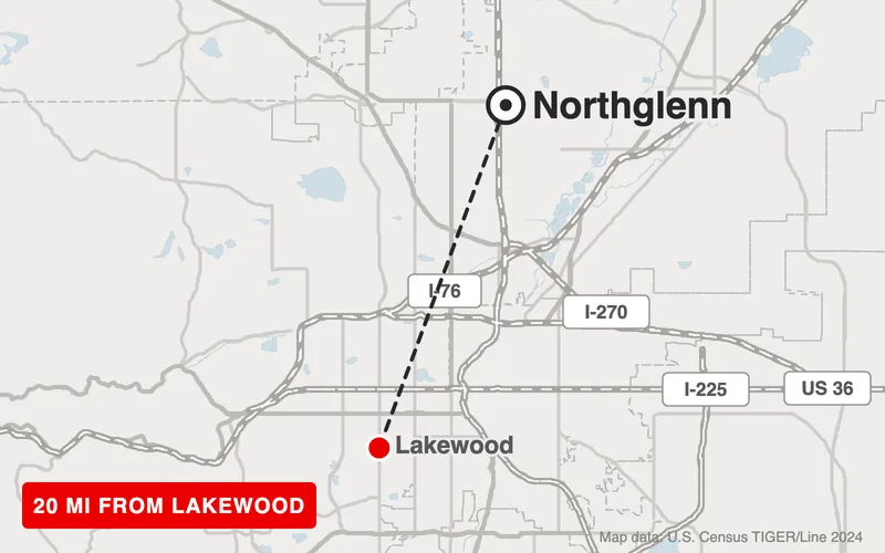 Map from Lakewood to Northglenn, Colorado, 20 road miles