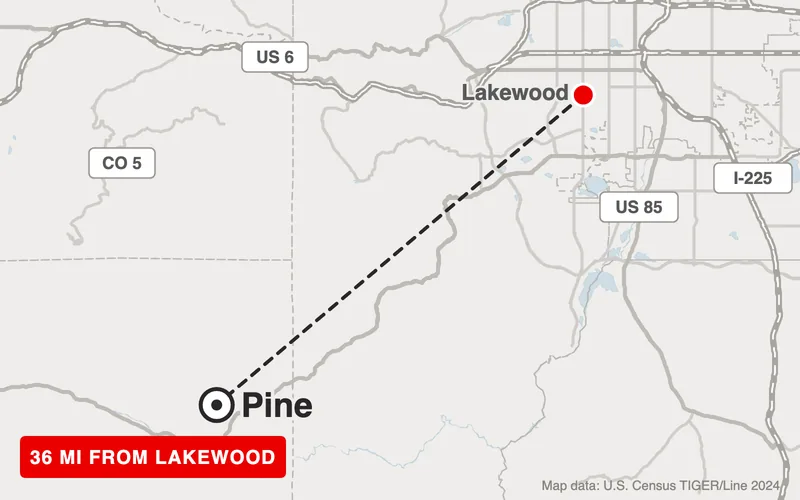 Map from Lakewood to Pine, Colorado, 36 road miles
