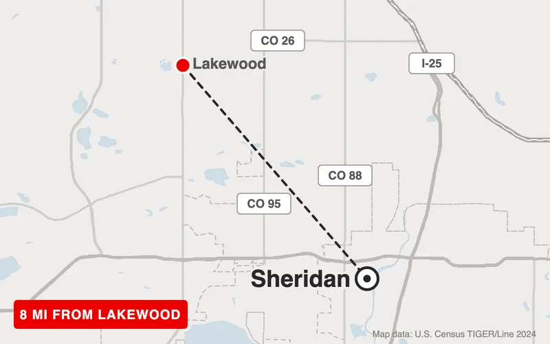 Map from Lakewood to Sheridan, Colorado, 8 road miles