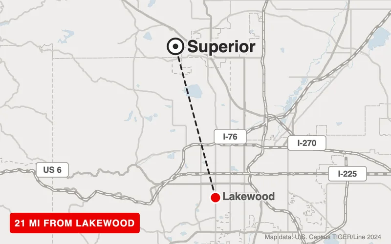 Map from Lakewood to Superior, Colorado, 21 road miles