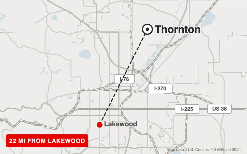Map from Lakewood to Thornton, Colorado, 22 road miles